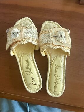 Sam Edelman Pale Yellow Raffia Buckle Slide Mules